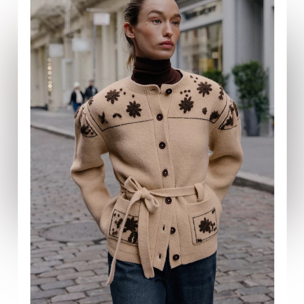 ZARA WOOL BLEND JACKET WITH EMBROIDERED FLOWERS AND BELT